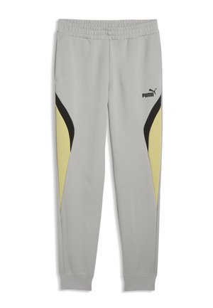 Lichtgrijze joggingbroek met elastische tailleband, zwarte en gele zijpanelen en Puma-logo op het bovenste deel van het linkerbeen.