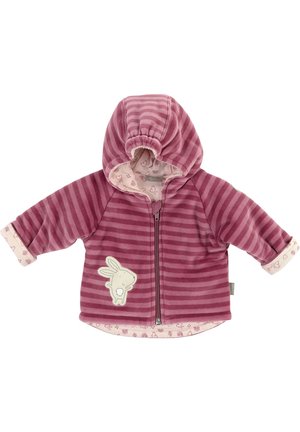 Veste pour bébé avec des rayures horizontales roses et violettes, capuche, fermeture éclair à l'avant, poignets roulés et appliqué de lapin sur le côté gauche.