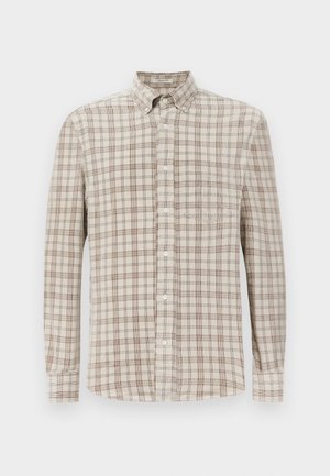 Helle beige Langarmbluse mit einem mehrfarbigen Karomuster, Button-Down-Kragen und einer einzelnen Brusttasche. Hergestellt aus einem weichen, strukturierten Stoff.