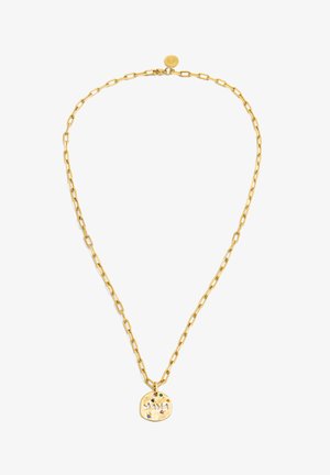 Goldene Metallkette mit einer verlängerten Kette, die einen runden Anhänger mit bunten Edelsteinen und einem eingeätzten Design ziert.