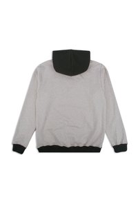 Sudadera gris con capucha en verde oscuro y puños. Presenta un corte relajado y un dobladillo acanalado. Fabricada con una tela suave y de textura lisa.
