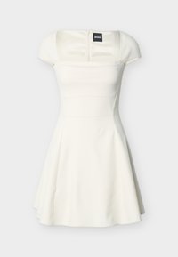 Άσπρο φόρεμα με κοντά μανίκια και τετράγωνη λαιμόκοψη, εφαρμοστή μέση, φουσκωτή φούστα και φερμουάρ στην πλάτη, με ετικέτα BOSS στο εσωτερικό του γιακά.