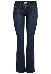 Tummansiniset denim-bootcut-farkut, joissa on etutaskut, nappikiinnitys, keltainen ompelu sekä merkkilappu vyötäröllä.