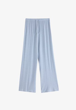 Light blue wide-leg pants made of soft, breathable fabric with subtle horizontal stripes and an elastic waistband with drawstring.
