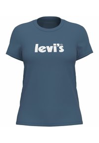 Camiseta de algodón azul con cuello redondo y mangas cortas, que presenta un gran logo blanco de "levi's" impreso en la parte delantera.