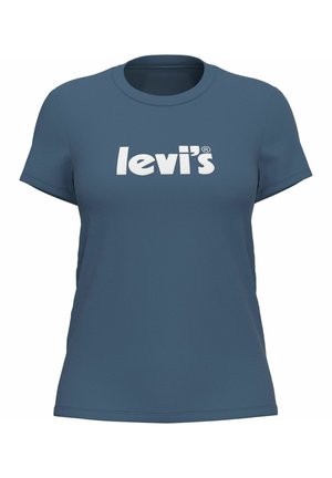 Blue cotton t-shirt with a round neck and short sleeves, featuring a large white "levi's" logo printed on the front.