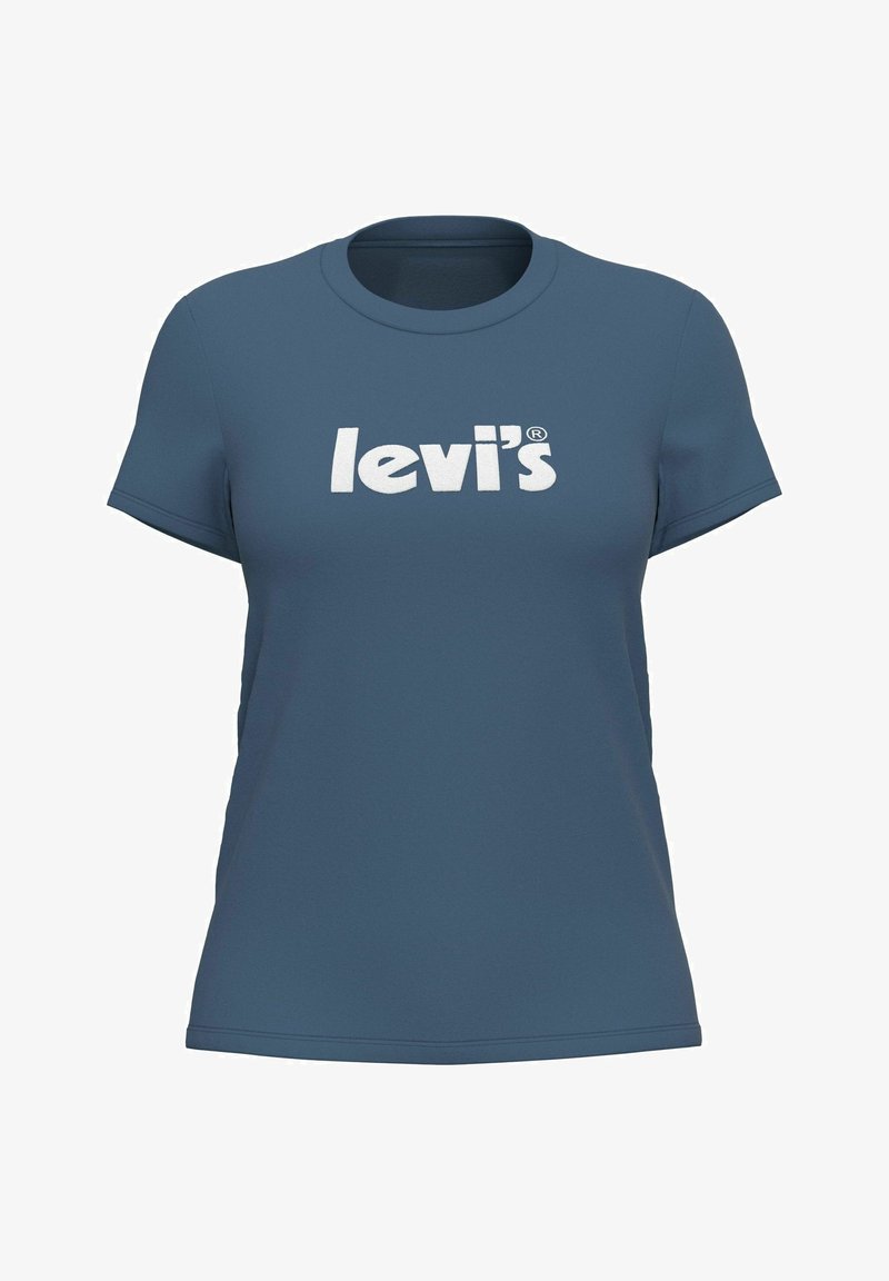 Niebieska bawełniana koszulka z okrągłym dekoltem i krótkimi rękawami, z dużym białym logo "levi's" nadrukowanym z przodu.