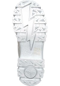 Metallic silver outsole with textured surface, featuring a lightning bolt design and geometric patterns; circular logo detail at heel.