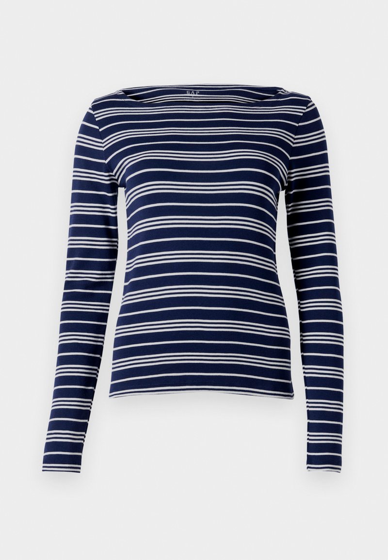 Langärmliges navy-blaues Oberteil mit weißen horizontalen Streifen, weit ausgeschnittenem Hals und weichem, dehnbarem Stoff. Einfaches, tailliertes Design, minimalistische Details.