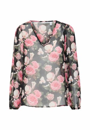 Transparent svart blus med långa puffärmar, V-halsrinning, prydd med ett blommönster som innehåller rosa rosor och vita kallor.