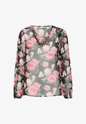Przezroczysta czarna bluzka z długimi bufiastymi rękawami, dekoltem w serek, ozdobiona kwiatowym wzorem z różowymi różami i białymi liliami.