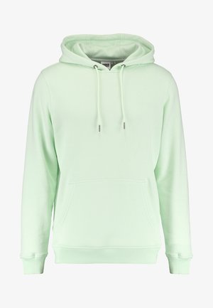 Mintgrüner Hoodie aus weichem Stoff, mit einer vorderen Kängurutasche, Kapuze mit Kordelzug und gerippten Bündchen sowie Saum.