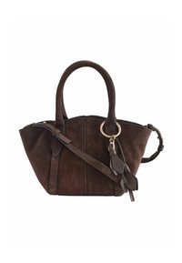 Barna szarvasbőr kézitáska lekerekített tetővel, két fogantyúval és levehető vállpánttal. Arany színű gyűrűvel és díszes bojtos részlettel rendelkezik.