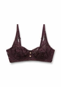 Burgundské krajkové podprsenka s květinovým vzorem, se dvěma zlatými srdíčkovými akcenty ve středu a nastavitelnými ramínky. Průhledný a texturovaný design.