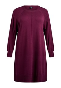 Robe à manches longues, longueur genou, dans un bordeaux profond avec un col rond et une coupe décontractée. Présente des poignets côtelés et un subtil détail de couture sur le devant.