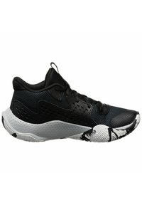 Chaussure de sport noire et grise avec dessus en mesh, fermeture à lacets et semelle blanche présentant des motifs tourbillonnants noirs.
