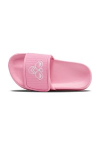Pink slide sandal with textured strap and a smooth footbed. Features a white logo on the strap and a flexible rubber sole.