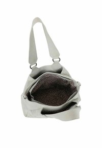 Lichtgrijze tas van zacht materiaal, met een rits aan de bovenkant, een gestructureerde binnenkant met een bruin patroon en verstelbare schouderbanden.