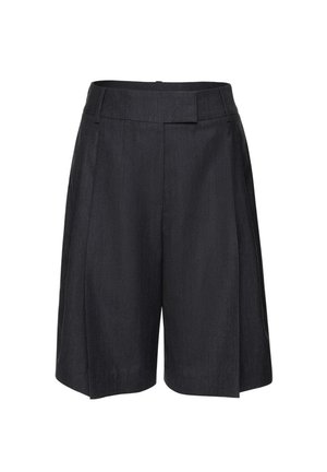 Čierne šortky s vysokým pásom na mieru, so záhybom vpredu, pútkami na opasok a skrytým zapínaním vpredu.