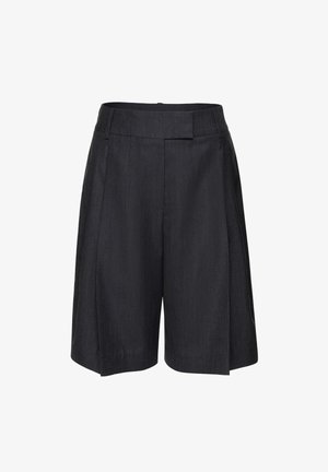 Čierne šortky s vysokým pásom na mieru, so záhybom vpredu, pútkami na opasok a skrytým zapínaním vpredu.