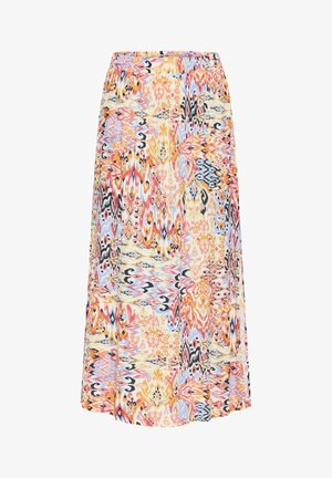 Jupe multicolore avec un motif tourbillonnant dans des tons de rose, bleu et jaune, avec un design fluide et une taille élastique pour une plus grande flexibilité.