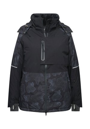 Zwarte jas met een zachte, fleece- gevoerde kraag, voorzien van een grote, met rits sluitende borstzak en abstracte grijze lijnpatronen op de onderste helft.