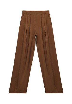 Bruine broek met hoge taille en wijde pijpen, voorplooien en zijzakken, gemaakt van licht gestructureerde stof.