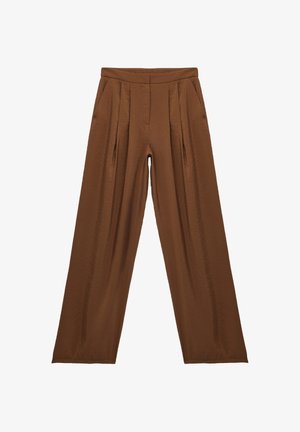 Bruine broek met hoge taille en wijde pijpen, voorplooien en zijzakken, gemaakt van licht gestructureerde stof.