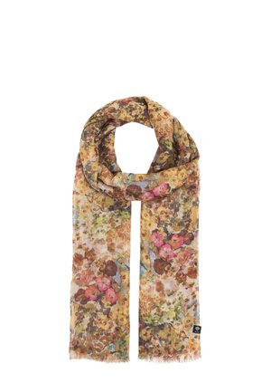 Lightweight scarf with a multicolored floral pattern in shades of brown, yellow, pink, and green, shown folded with fringed edges.