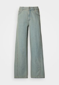 Lyseblå vide jeans laget av denim, med knapplås og glidelås, fem lommer og kontraststingdetaljer.