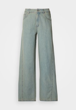 Light blue wide-leg jeans made of denim, featuring a button and zipper closure, five pockets, and contrasting stitching details.