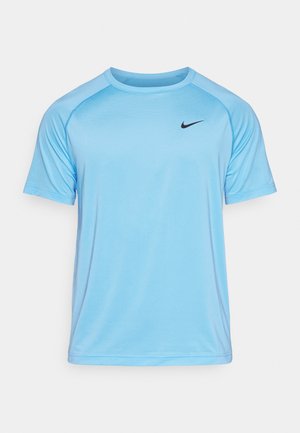 Light blue short-sleeve athletic shirt made of breathable material with a round neckline and black Nike logo on the chest.