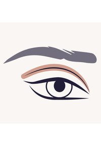 Stilisering av ögonillustration som visar en mörkbrun iris, svart eyeliner och mjuka persiko- samt ljusgrå ögonlockaccentuerningar mot en neutral bakgrund.