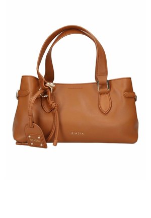 Sac à main en cuir marron moyen avec doubles poignées, nœud décoratif, anneau en métal et étiquette de marque indiquant BIASIA à l'avant.