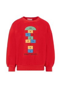 Sweatshirt rouge avec un design coloré de marelle numérotée de 1 à 10 et le texte « BOBO CHOSES » sous le graphique au centre avant.