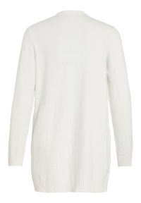 Maglione bianco a maniche lunghe, texture lavorata a maglia, scollatura rotonda, orlo e polsini a coste, senza chiusure o decorazioni visibili sul retro.