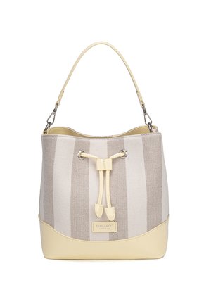 Beige en taupe gestreepte boodschappentas met leren bodem en trekkoordsluiting, enkele schouderriem en een klein logo aan de voorkant.