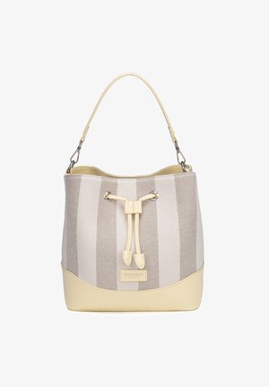 Borsa secchiello a righe beige e taupe con base in pelle e chiusura con coulisse, tracolla singola e una piccola patch con logo sul davanti.