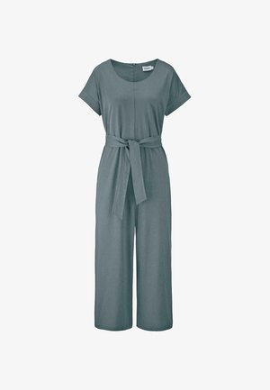 Grauer Jumpsuit mit kurzen Ärmeln, weitem Bein, einem Bindegürtel in der Taille und einem runden Ausschnitt. Hergestellt aus weichem, bequemem Stoff.