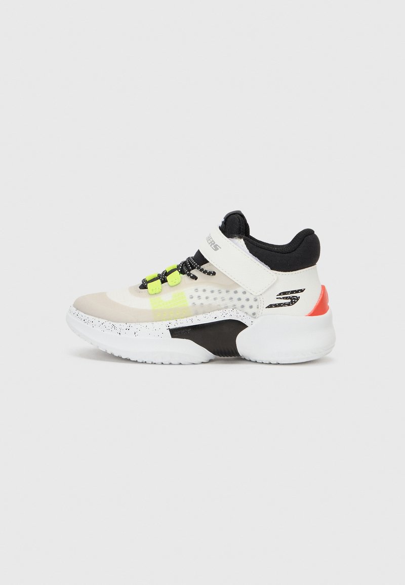 athletic shoes, white and black upper with neon yellow accents, textured midsole, speckled detailing, adjustable strap, round toe design.