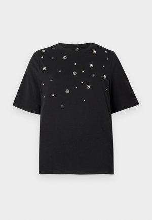 T-shirt nera a maniche corte, colletto tondo e con applicazioni di gioielli argento disposte a forma di fiori sulla parte frontale.
