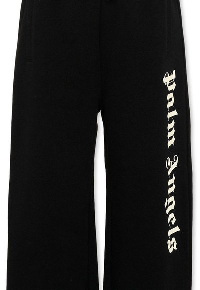 Pantalon de survêtement noir avec le texte blanc « Palm Angels » imprimé verticalement sur la jambe droite, doté de poches latérales et d'une taille à cordon.