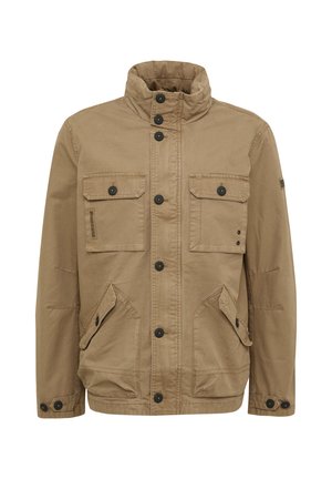 Khaki jacket featuring a stand collar, buttoned front, two chest pockets, and two side pockets. Made from durable fabric with a smooth texture.
