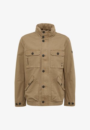 Khakifarbene Jacke mit Stehkragen, knöpfbarem Vorderteil, zwei Brusttaschen und zwei Seitentaschen. Hergestellt aus strapazierfähigem Stoff mit glatter Textur.