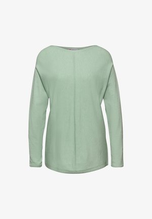 Jasnozielony, długi top z długim rękawem, wykonany z miękkiego materiału, z szerokim dekoltem i luźnym krojem, z centralnym detalem szwu na plecach.