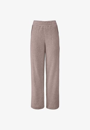 Fleece broek in zacht beige, met een hoge tailleband, twee voorkanten zakken en een wijde pijp voor een comfortabele pasvorm.