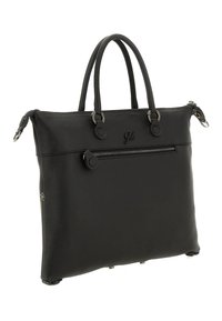 Borsa tote in pelle nera con superficie texturizzata, manici superiori, tasca frontale con zip e dettagli in metallo argentato. Base robusta con piedini in metallo.