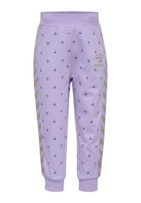 Pantalon de survêtement violet clair avec un motif floral marine, des accents dorés rayés sur les côtés, et une taille et des poignets élastiques. Logo Hummel à l'avant.