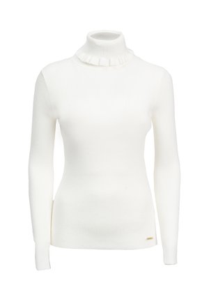 Maglione bianco a collo alto con finitura texturizzata e dettaglio del colletto arricciato. Maniche lunghe che arrivano a polsini aderenti. Accento discreto del logo del marchio.