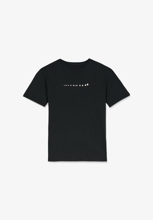 Black cotton t-shirt featuring short sleeves and a crew neckline. Centered white logo and graphic elements across the chest.
